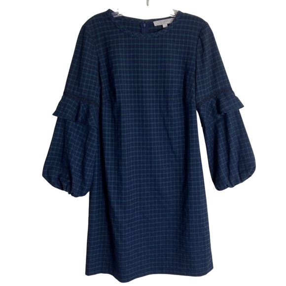 Loft Green And Navy Tartan Plaid Balloon Ruffle Sleeve A-line Mini Dress Sz 4 - Picture 2 of 16